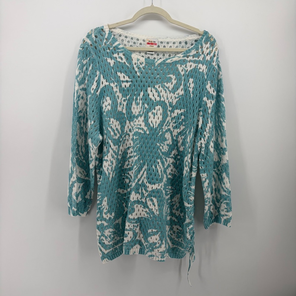 Ruby Rd Womens 3X Teal White Floral Crochet Knit Top Side Cinch 3/4 Sleeve